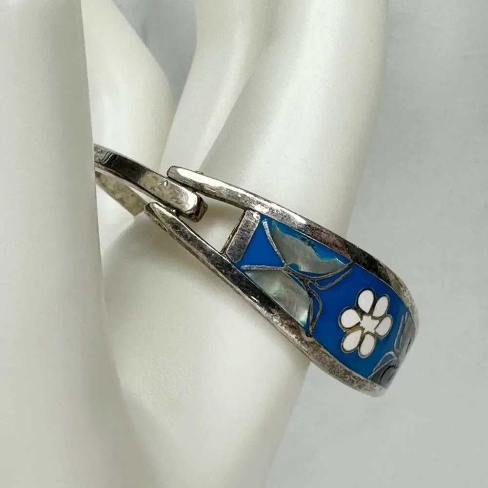 Vintage Mexico Blue Inlay Abalone Butterfly White Flower Child Hinged Bangle ✨